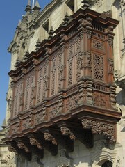 Moorish Blue White Mosaic Balcony with Horseshoe Arch Brass Piñ