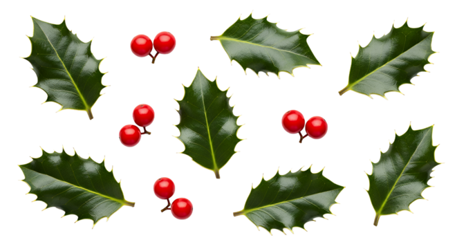 Vibrant holly leaves and bright red berries bring festive holiday cheer and natural beauty to any seasonal design project.