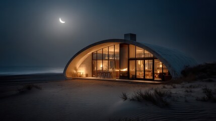 Curved desert bungalow wrapped in translucent panels glowing from interior LEDs soft night haze around structure moonlit sand
