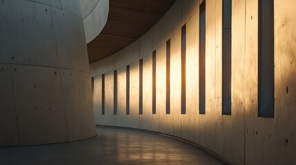 Curved concrete exterior wall with embedded vertical skylights side-lit during golden hour casting soft elongated shadows across smooth