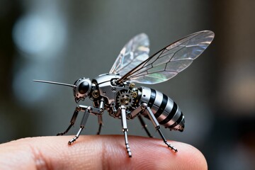Highly detailed biomimetic insect nanobot with mechanical gears and transparent wings resting on a human finger