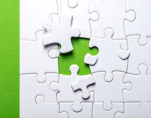 Fototapeta premium White jigsaw puzzle with green backing; one piece is missing