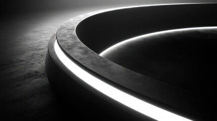 Curved monochrome facade with bright gradient LED ring low-angle side light enhancing curved shadows and panel joints fog