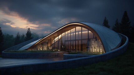 Obraz premium Curved library structure inspired by neural networks semi-transparent roof with fiber optic glow natural top light with focused