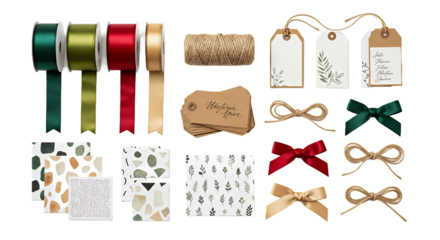 Elegant holiday gift wrapping supplies including satin ribbons, twine, decorative tags, and patterned boxes for festive occasions
