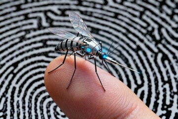 Futuristic microscopic nanobot resembling a mosquito with glowing blue lights standing on a human fingertip with fingerprint background