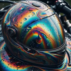Oil Slick on RainSlicked Motorcycle Helmet Rainbow Hues Shift wi
