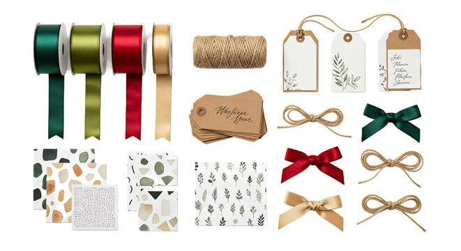 Elegant holiday gift wrapping supplies including satin ribbons, twine, decorative tags, and patterned boxes for festive occasions