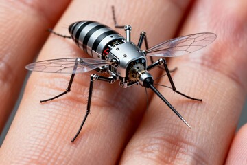 Macro view of a tiny biomimetic mosquito nanobot with gears and stripes resting on the textured skin of a hand