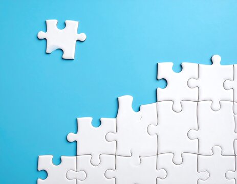 White puzzle pieces arranged on a blue background, with one floating above - Powered by Adobe