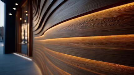 Curved wooden wall facade with seamless integration of soft amber LEDs following the grain top-down sunlight highlighting texture