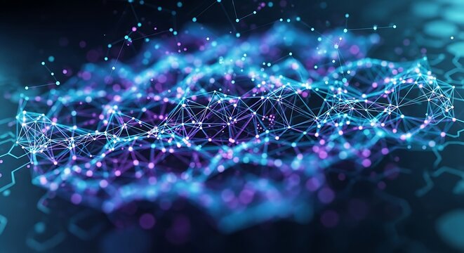 Abstract visualization of a glowing neural network with interconnected nodes and lines, representing artificial intelligence and data.