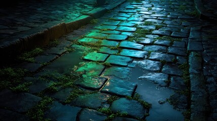 Damp cobblestone floor reflecting pale blue moonlight slick sheen enhanced by light mist Cracks between stones filled with