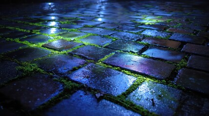 Damp cobblestone floor reflecting pale blue moonlight slick sheen enhanced by light mist Cracks between stones filled with