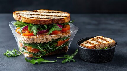 A delicious and healthy sandwich made with grilled bread, tuna, fresh arugula, ripe tomatoes, and thinly sliced red onions, presented in clear plastic packaging