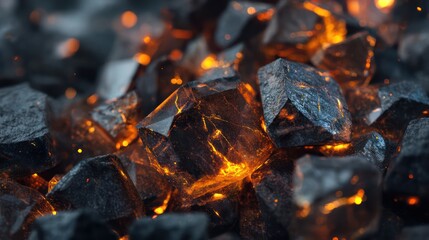 Dark crystalline wall fractured with glowing orange veins Mist swirls between facets adding volumetric separation Ultra-detailed clarity captures