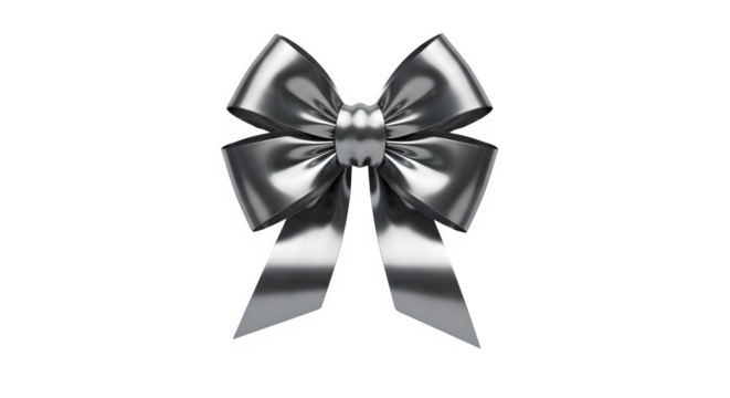 Elegant silver satin ribbon bow isolated on transparent background for decoration and design