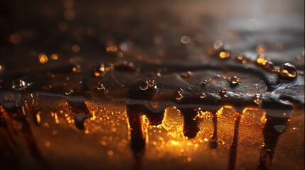 Dark molten wax layered with hardened drips illuminated faintly by subtle amber reflections Ultra-detailed textures capture glossy and