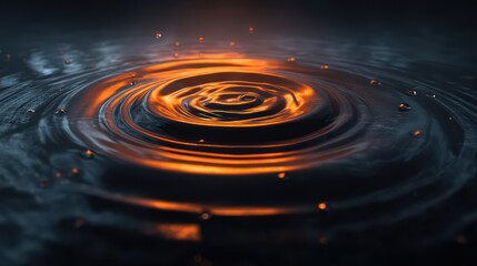 Dark liquid surface with rippling concentric waves reflecting faint eerie orange glow Subtle fog adds volumetric depth above