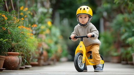 A cute little youngster with a helmet riding a tiny tricycle scooter in an outdoor park as a toddler plays and learns balance in a natural, family-oriented environment