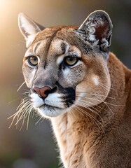 A stunning close-up of a majestic large cat, bathed in sunlight. Its focused gaze, muscular build, and detailed features are shown