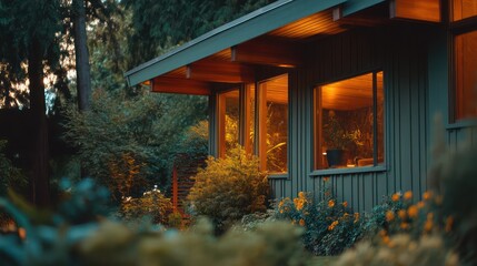 Dark olive green panel-clad home with warm cedar soffits dusk lighting with interior glow large windows ambient occlusion