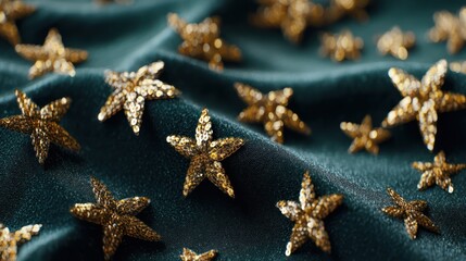 Deep emerald velvet backdrop adorned with sparkling golden star-shaped sequins arranged in elegant scattered patterns sequin reflects light