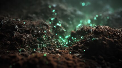 Dark soil textured with glowing spores spreading faint green luminescence Mist swirls faintly above creating volumetric separation Ultra-sharp