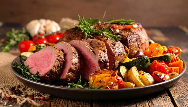 A roasted meat dish is sliced and presented with grilled vegetables and herbs on a rustic platter atop a wooden table - Powered by Adobe