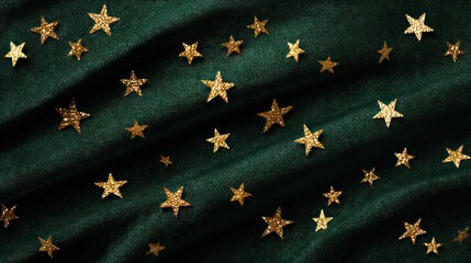 Deep emerald velvet backdrop adorned with sparkling golden star-shaped sequins arranged in elegant scattered patterns sequin reflects light