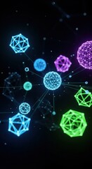 Abstract Geometric Network of Glowing Orbs and Polyhedrons in Dark Space.