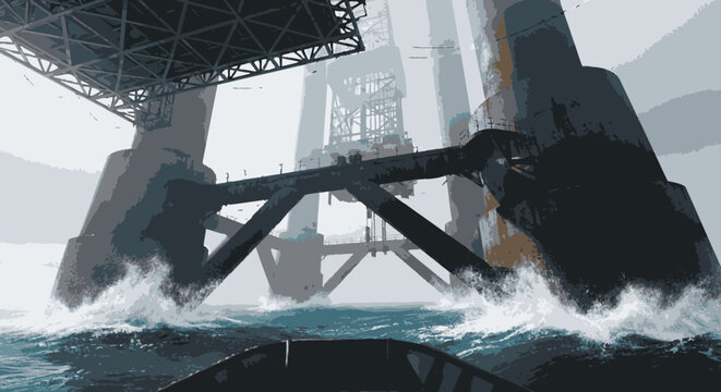 A colossal offshore structure withstands the powerful forces of the ocean, symbolizing the relentless pursuit of energy resources.