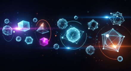 Abstract Geometric Shapes and Glowing Orbs in Digital Space.