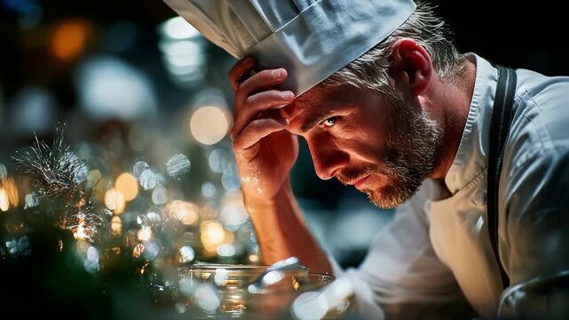 A moment of introspection captured in the kitchen, showcasing a chef deep in thought, contemplating his craft and the challenges faced, surrounded by the warm glow of ambient lighting 