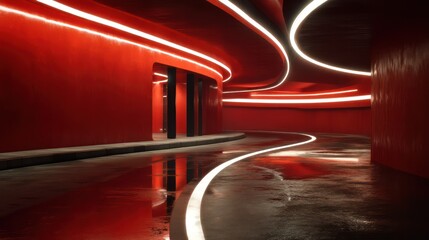 Deep red architectural facade with white LED strip in serpentine formation harsh light from upper left corner casting