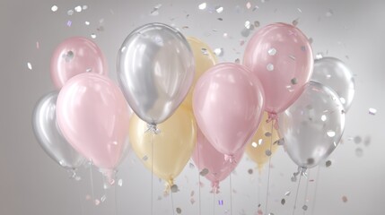 Delicate pastel balloons floating symmetrically shimmering silver confetti cascading softly subtle spotlight glow producing gentle seamless neutral background