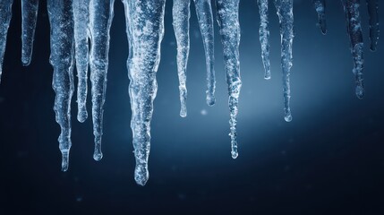Delicate icicles hanging symmetrically glowing with crystalline transparency against deep midnight-blue Sharp capture frozen edges while subtle fog