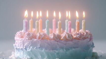 Delicate pastel frosted cake accented with softly glowing candles. Subtle haze around flames adds dreamy volumetric glow. Seamless