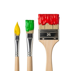 Three Paint Brushes with Yellow Green and Red Paint on Black Background paintbrush painting isolated on a transparent background