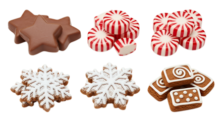 Delightful holiday treats including chocolate stars, peppermint candies, and frosted snowflake cookies perfect for festive celebrations