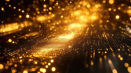 Digital data network lines creating golden light particles