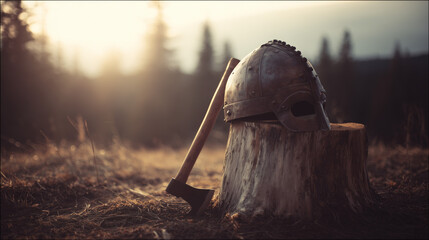 viking. Weathered Viking helmet beside wooden stump with embedded axe. event programs, museum guides, designed for cultural heritage projects and event programs, used by lab technicians.