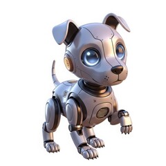 Adorable Robotic Puppy with Big Blue Eyes and Metallic Body.