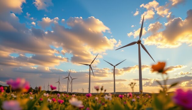 Beautiful sunset view of wind turbines in a field of colorful flowers under dramatic clouds and vibrant sky