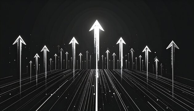 A grayscale, abstract depiction featuring upward-pointing arrows with light trails against a dark background, suggesting progress