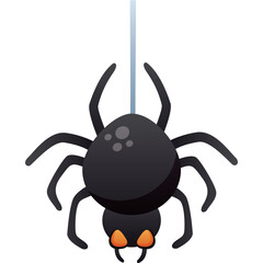 Cartoon Black Spider Hanging On String With Orange Feet And Gray Spots On Back With Transparent Background