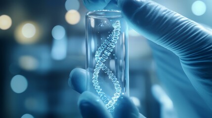 Close-up of biotechnologist's gloved hands holding crystalline glass phial with 3D visualization of viral RNA mutation floating within, intricate detail of double helix structure with visible
