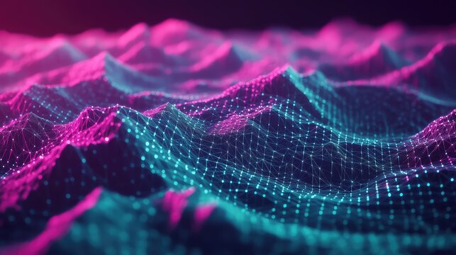 Digital data network creating abstract technology landscape waves - Powered by Adobe