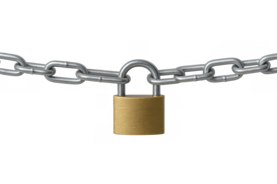Padlock locking a metal chain, creating a barrier. Representing data protection, cybersecurity, personal privacy, and restricted access
