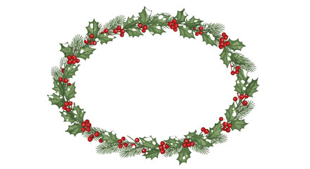 A festive oval wreath with green leaves, red berries, and a touch of snow, perfect for holiday decorations.